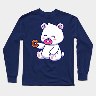 Cute Polar Bear Eating Doughnut Cartoon Long Sleeve T-Shirt